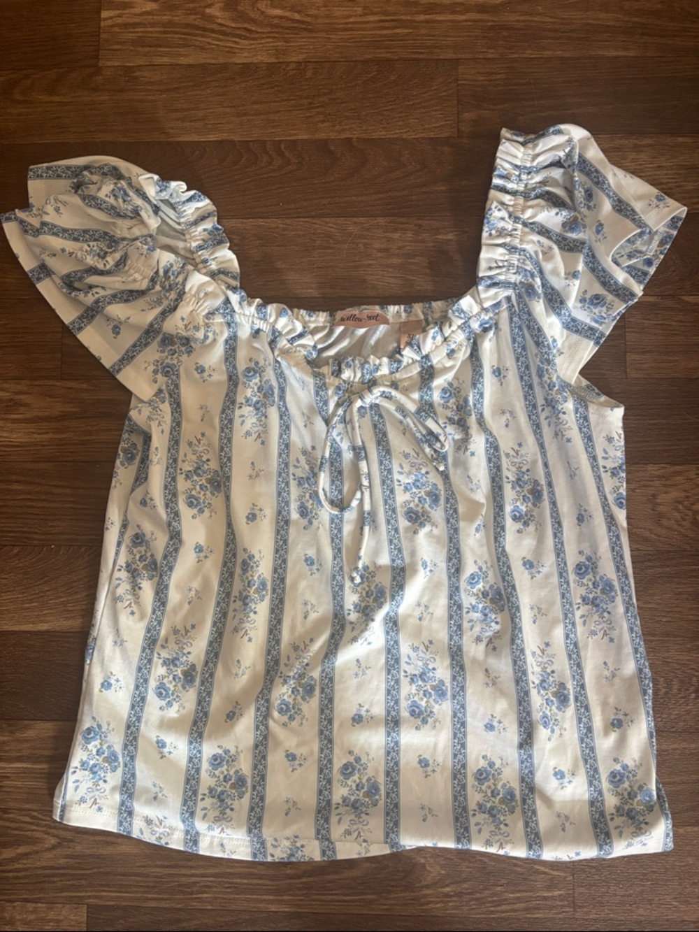 Blue Floral Stripe Off-Shoulder Tie-Neck Blouse